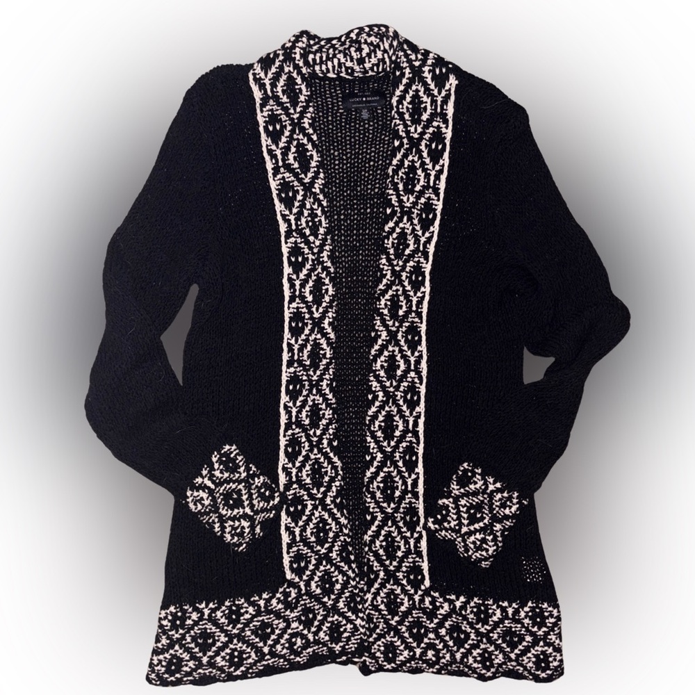 Lucky Brand Black and White Aztec Embroidered Cardigan